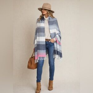 NEW Gap Striped Scarf Wrap Blanket Fringe Pink White Gray Blue Striped